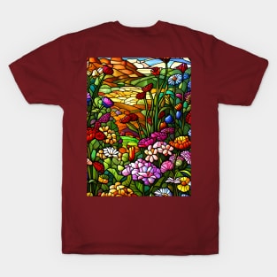 Stained Glass Colorful Mountain Flowers T-Shirt